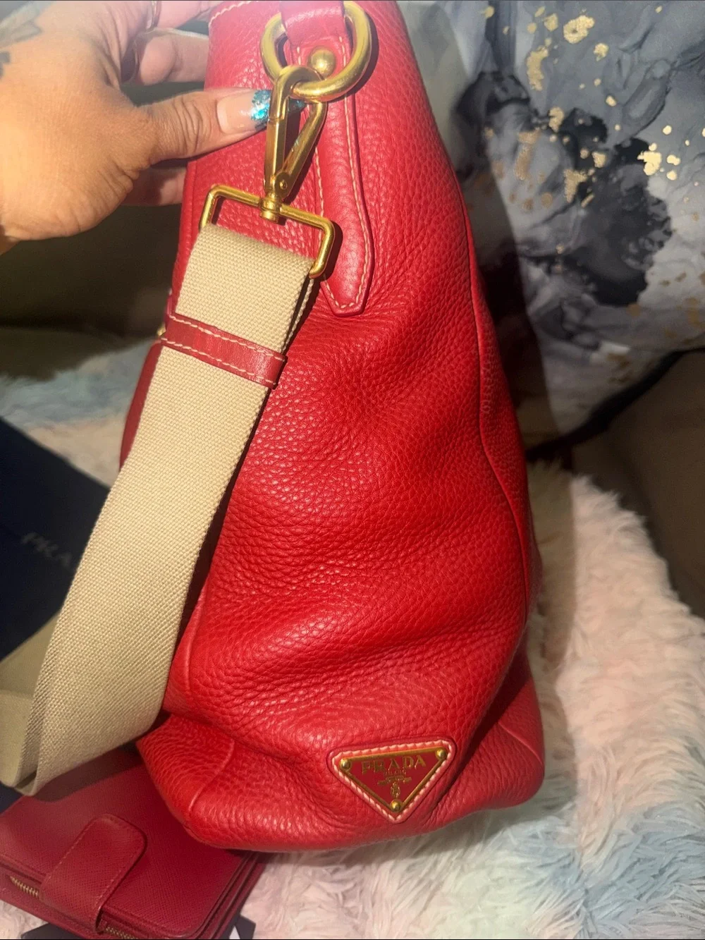 Authentic Prada Red Leather Shoulder Bag & Matching Wallet Set